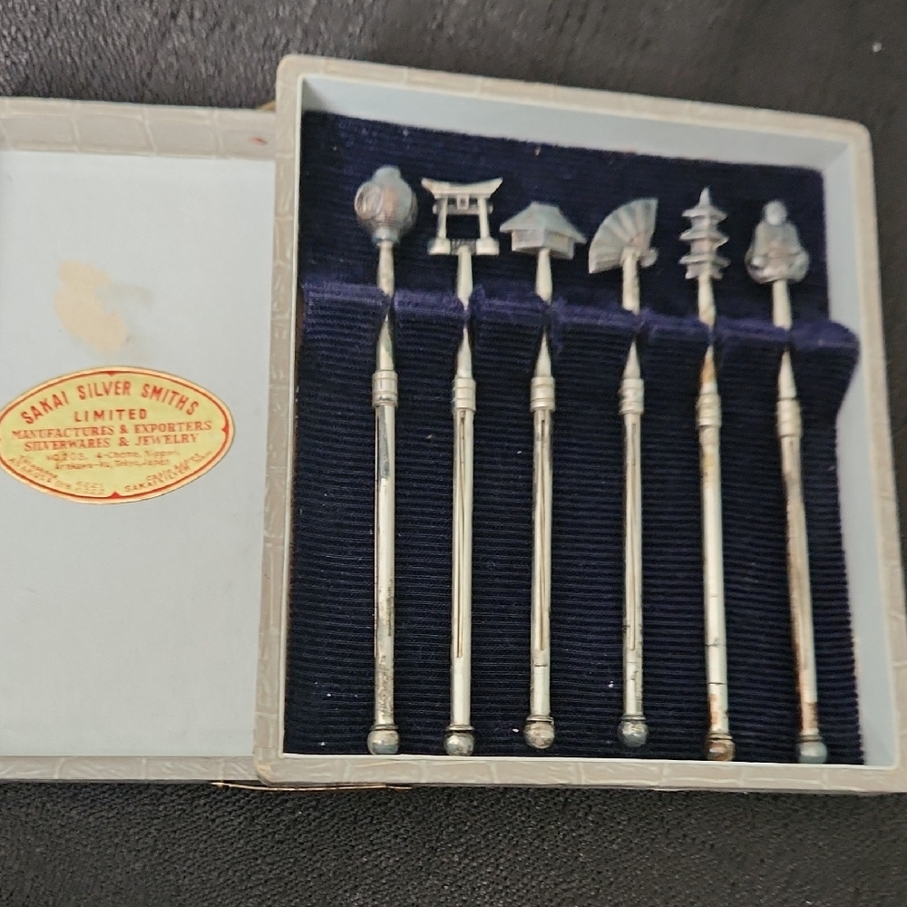 Silver Cocktail Stirrer Set with Japanese Motifs Sterling Silver Set of 6 decora